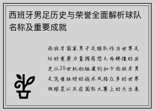 西班牙男足历史与荣誉全面解析球队名称及重要成就