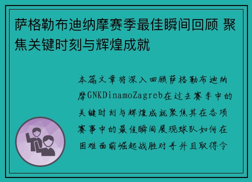 萨格勒布迪纳摩赛季最佳瞬间回顾 聚焦关键时刻与辉煌成就