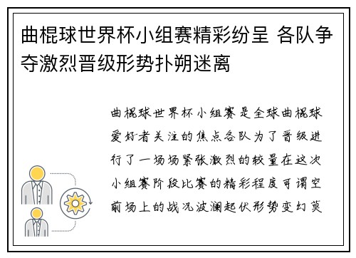 曲棍球世界杯小组赛精彩纷呈 各队争夺激烈晋级形势扑朔迷离