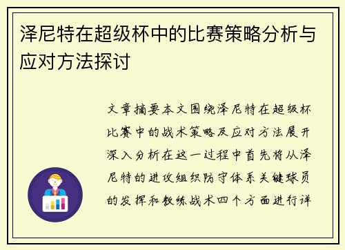 泽尼特在超级杯中的比赛策略分析与应对方法探讨
